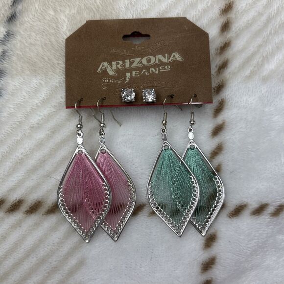 Arizona Jean Co Earrings Set Pink and Green String Art Dangles with Studs - Picture 1 of 4